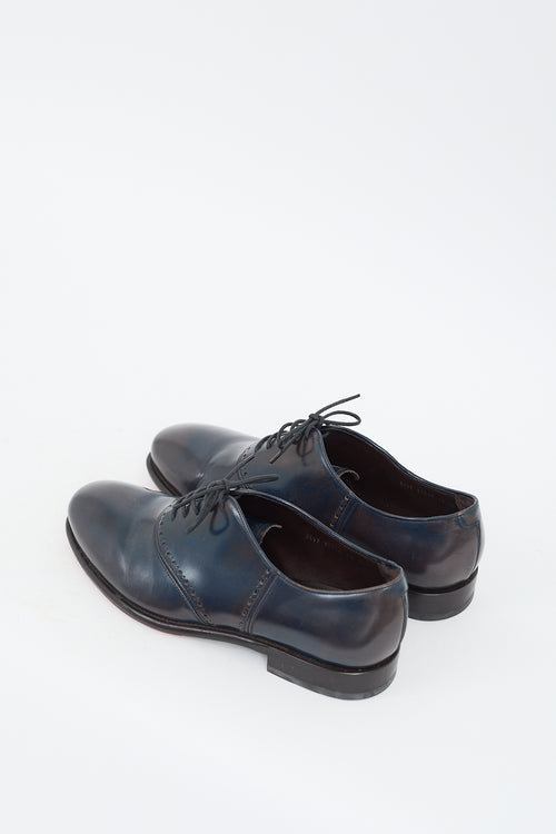 Ferragamo Navy & Brown Leather Perforated Lace Up Oxford