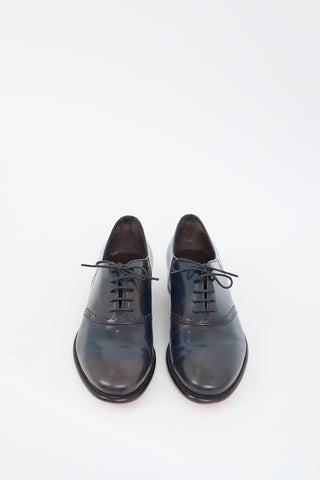 Ferragamo Navy & Brown Leather Perforated Lace Up Oxford
