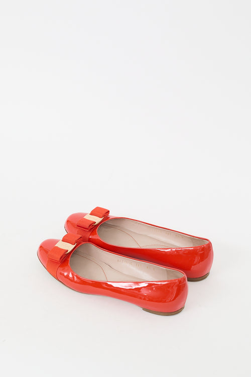 Ferragamo Orange Patent Leather Vara Bow Flat