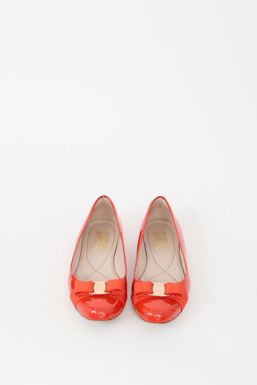 Ferragamo Orange Patent Leather Vara Bow Flat