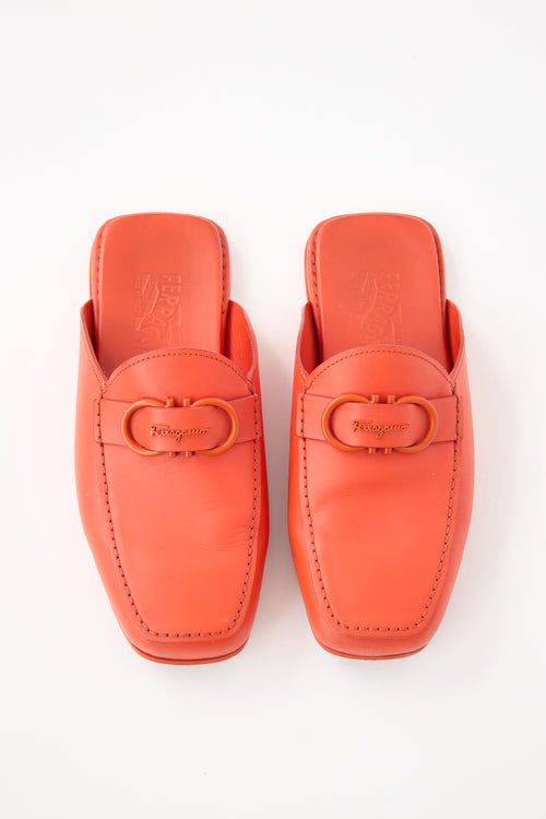 Ferragamo Orange Leather Logo Mules