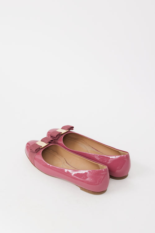 Ferragamo Pink & Gold Patent Leather Vara Bow Flat