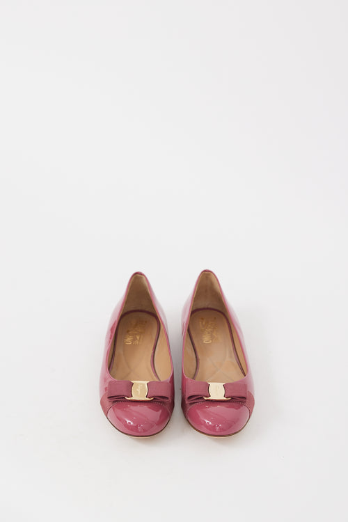 Ferragamo Pink & Gold Patent Leather Vara Bow Flat