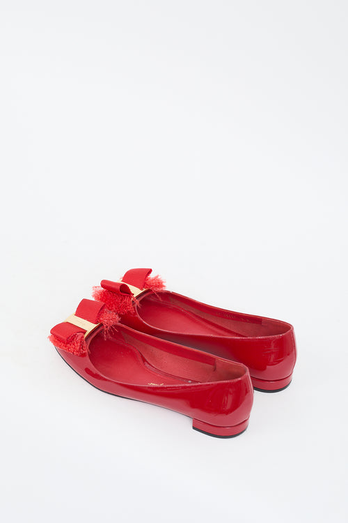 Ferragamo Red Patent Marlia Fringe Bow Ballet Flat