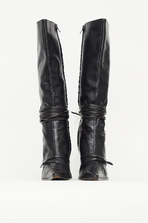 Ferre Black Leather Knee High Ankle Wrap Boot