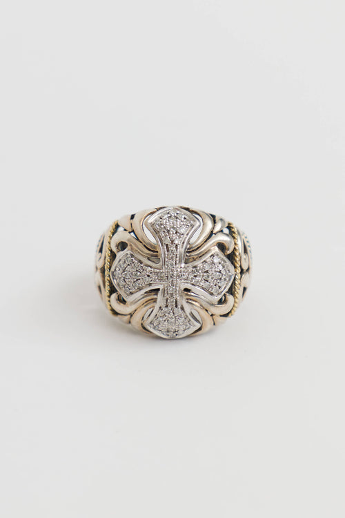 Fine Jewelry 18K Yellow Gold & Sterling Silver Diamond Cross Ring