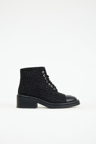Chanel 2022 Leather & Tweed Combat Boot