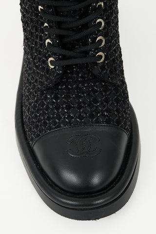 Chanel 2022 Leather & Tweed Combat Boot