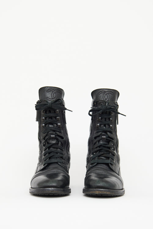 Chanel Black Quilted Laceup Combat Boot