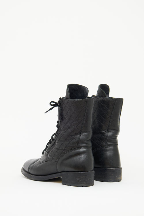 Chanel Black Quilted Laceup Combat Boot