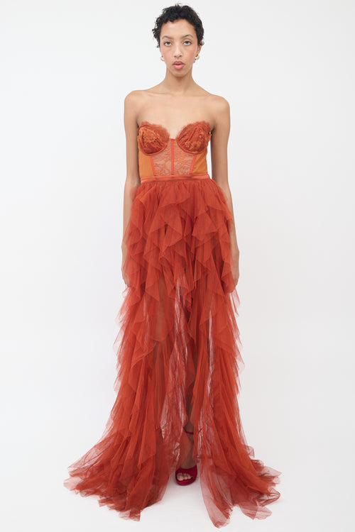 For Love & Lemons Orange Bustier Tiered Gown