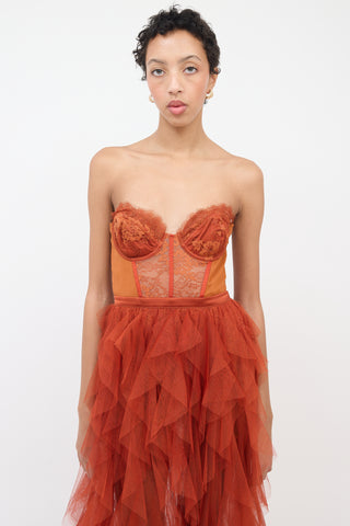 For Love & Lemons Orange Bustier Tiered Gown