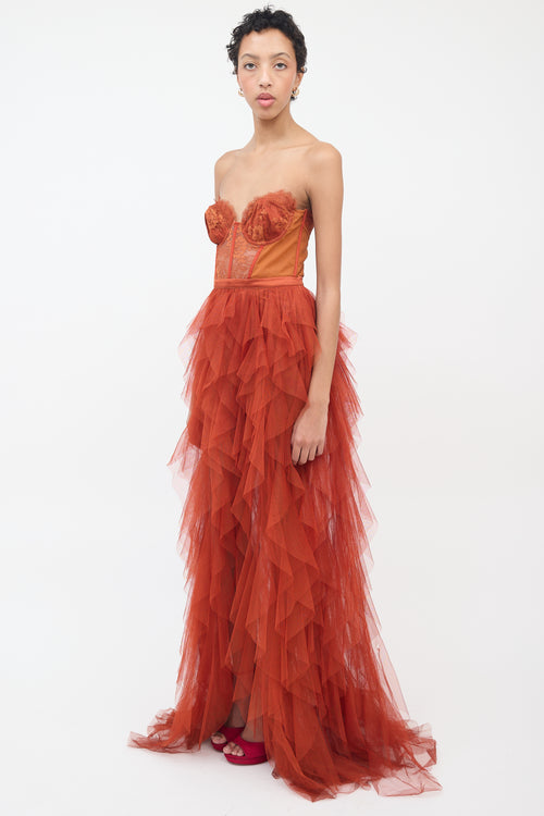 For Love & Lemons Orange Bustier Tiered Gown