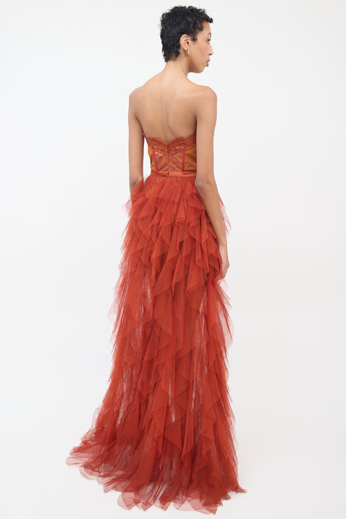 For Love & Lemons Orange Bustier Tiered Gown