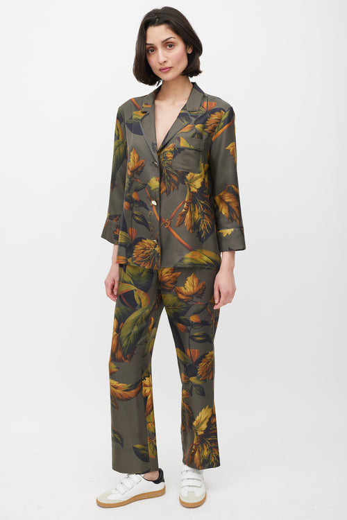 For Restless Sleepers Green & Multicolour Silk Floral Co-Ord Set