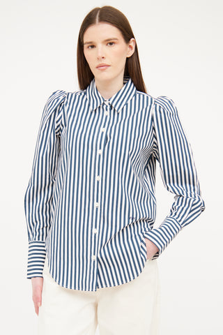 Frame Blue & White Striped Button Up Top