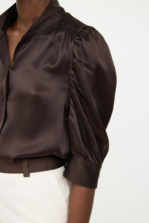 Frame Brown Silk Ruched Half Sleeve Top