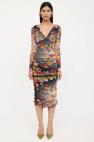 Fuzzi Floral Ruched Mesh Dress