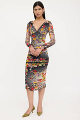 Fuzzi Floral Ruched Mesh Dress