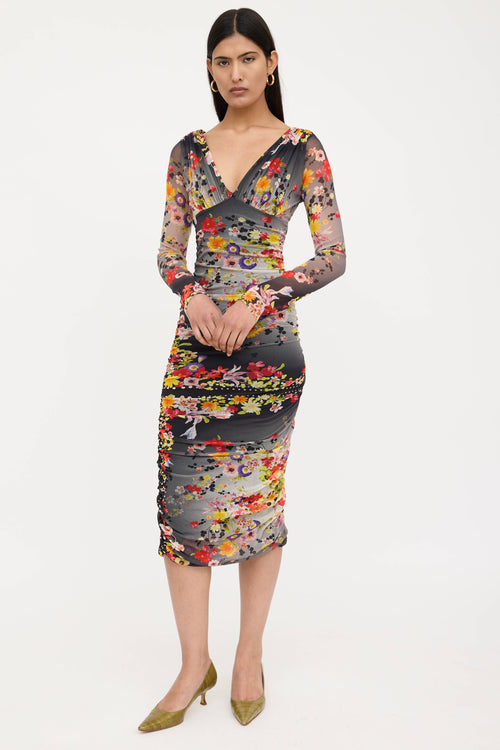 Floral Ruched Mesh Dress