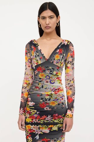 Floral Ruched Mesh Dress