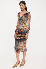 Fuzzi Floral Ruched Mesh Dress