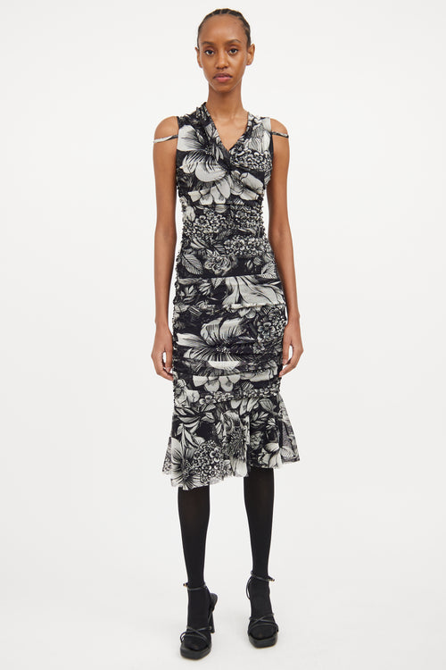 Black & White Mesh Floral Ruched Dress