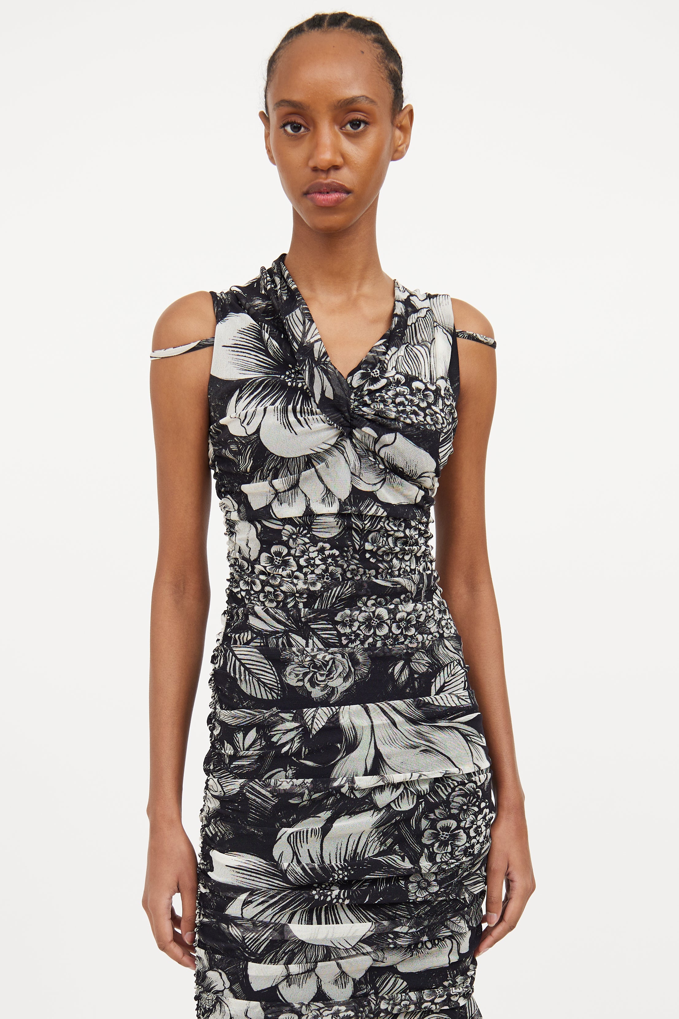 Fuzzi // Black & White Mesh Floral Ruched Dress VSP Consignment Fuzzi // Black & White Mesh Floral Ruched Dress VSP Consignment