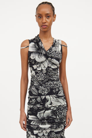 Black & White Mesh Floral Ruched Dress