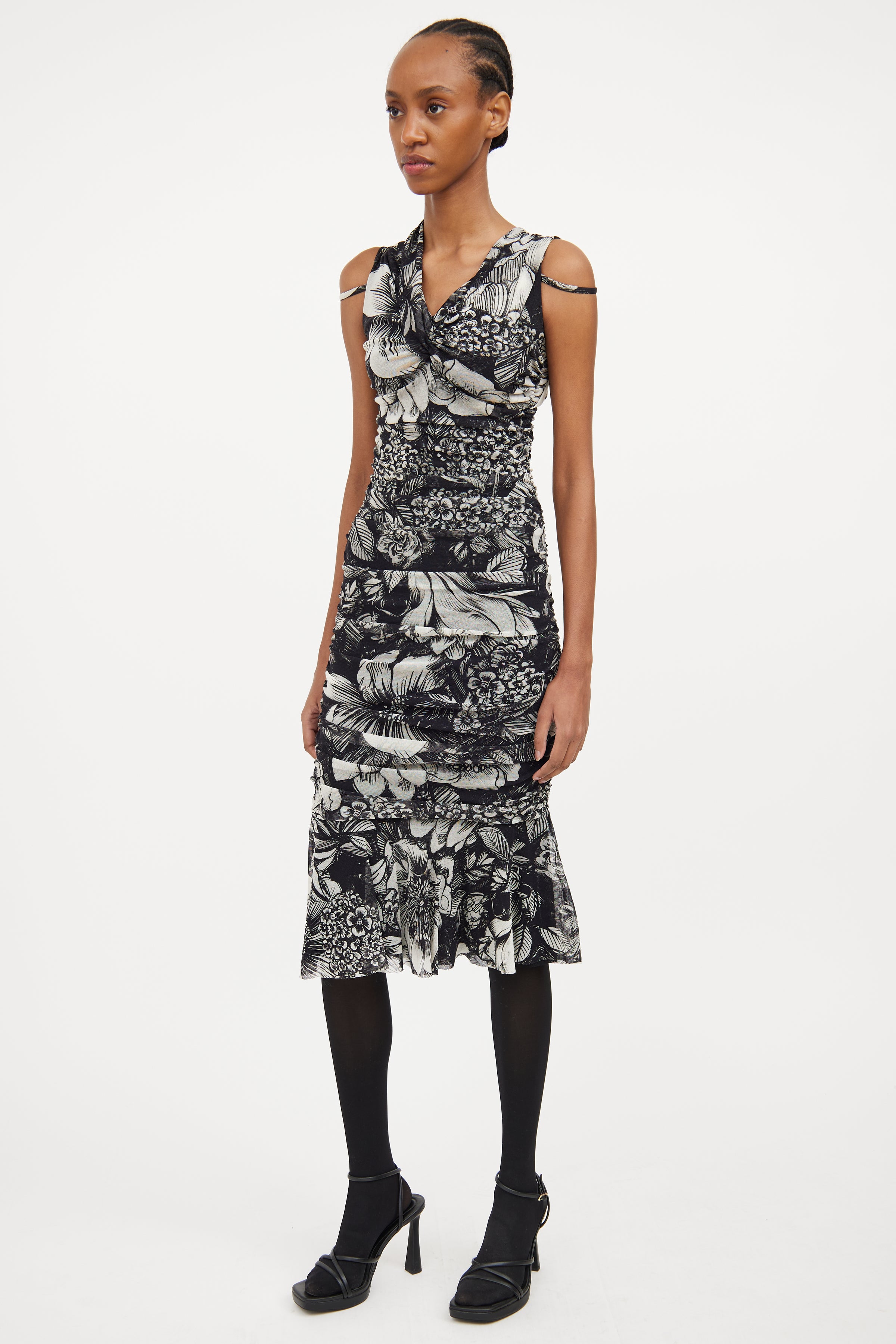 Fuzzi // Black & White Mesh Floral Ruched Dress VSP Consignment Fuzzi // Black & White Mesh Floral Ruched Dress VSP Consignment