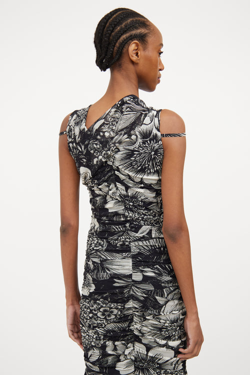 Black & White Mesh Floral Ruched Dress