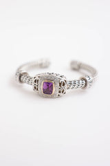Fine Jewelry Sterling Silver and 14K Yellow Gold Diamond & Amethyst Cuff Bracelet