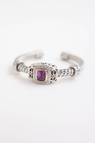 Fine Jewelry Sterling Silver and 14K Yellow Gold Diamond & Amethyst Cuff Bracelet