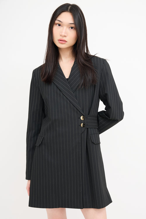 Ganni Black Pinstripe Belted Blazer