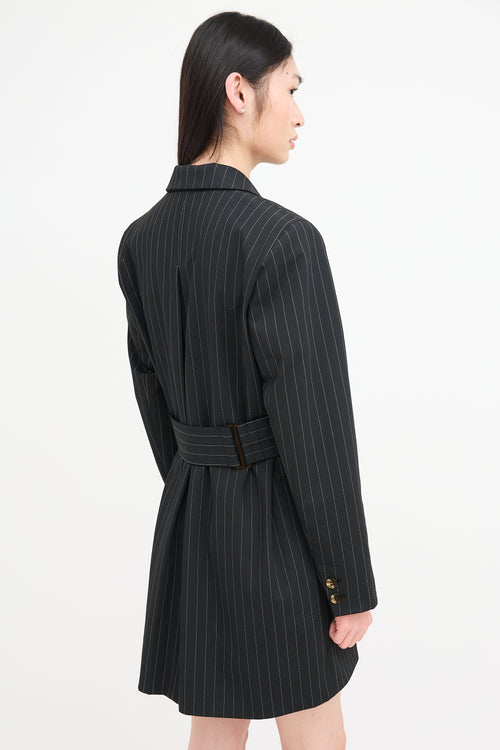 Ganni Black Pinstripe Belted Blazer