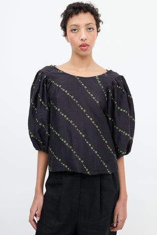 Ganni Black & Green Silk & Linen Floral Blouse