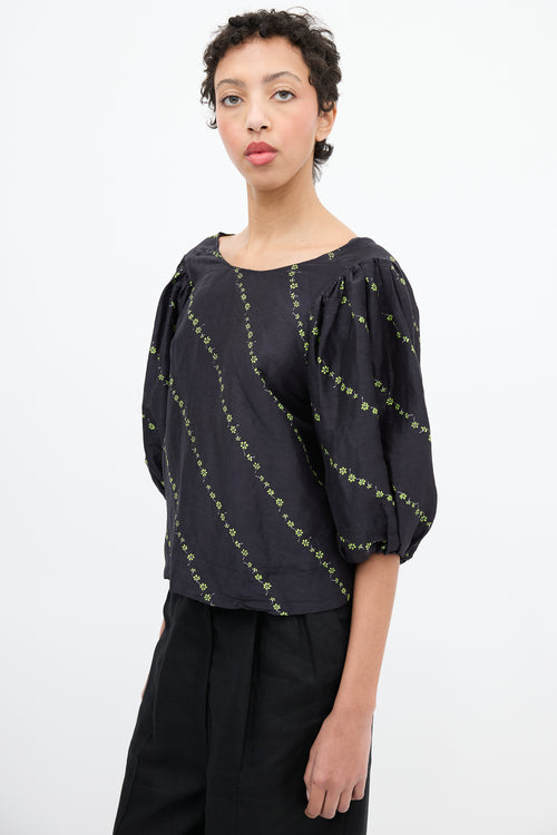 Ganni Black & Green Silk & Linen Floral Blouse