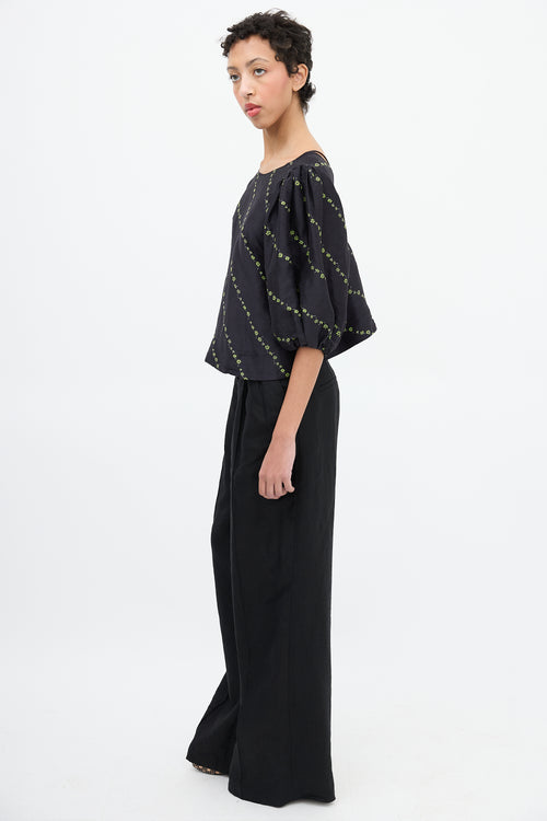 Ganni Black & Green Silk & Linen Floral Blouse