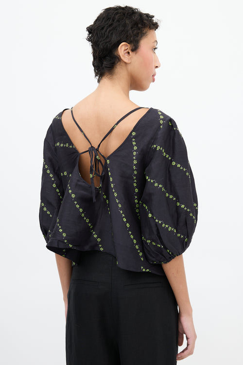 Ganni Black & Green Silk & Linen Floral Blouse