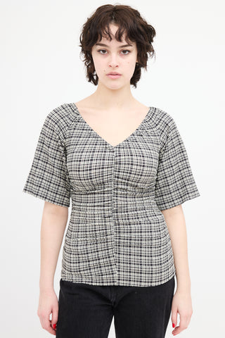 Ganni Seersucker Ruched Check Top