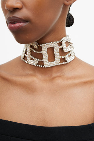 GCDS Silver & Crystal Logo Lettering Choker Necklace