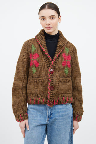 GOGO Brown & Multicolour Wool Floral Knit Cardigan