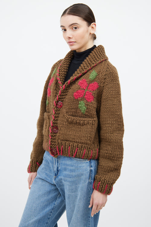 GOGO Brown & Multicolour Wool Floral Knit Cardigan