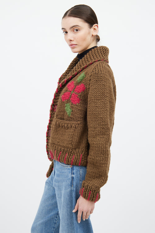 GOGO Brown & Multicolour Wool Floral Knit Cardigan