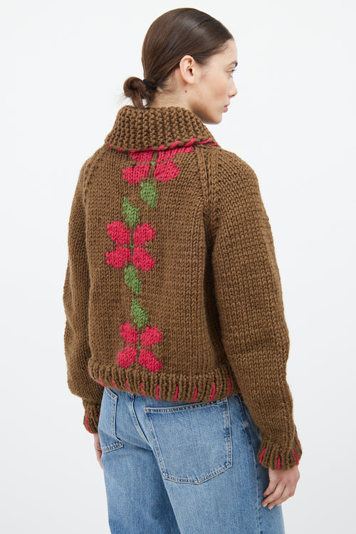 GOGO Brown & Multicolour Wool Floral Knit Cardigan