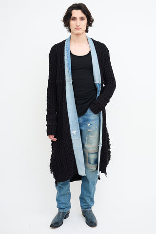 Greg Lauren Black Knit & Denim Open Cardigan