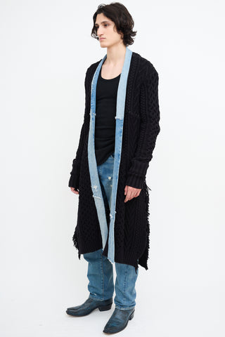 Greg Lauren Black Knit & Denim Open Cardigan