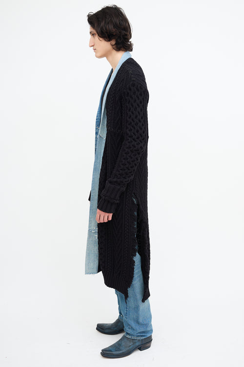 Greg Lauren Black Knit & Denim Open Cardigan