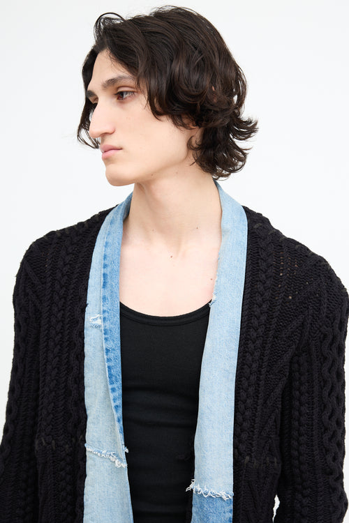 Greg Lauren Black Knit & Denim Open Cardigan