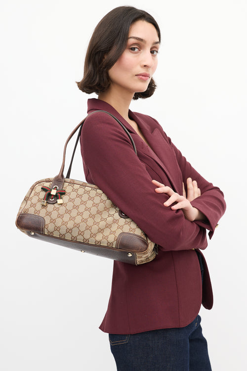 Gucci Brown Leather & Canvas GG Princy Boston Shoulder Bag